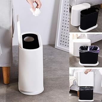 Simple Lidded White Trash Can, Household Living Room Bedroom Garbage Bin, Bathroom Odor - Proof Narrow - Gap Wastebasket